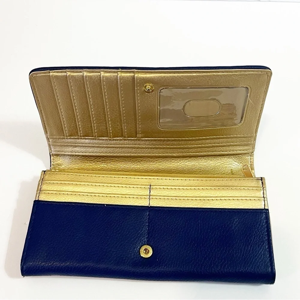 Buxton Womens Wallet Blue & Gold Lazer Cut Organizer Travel Zipper ID Holder